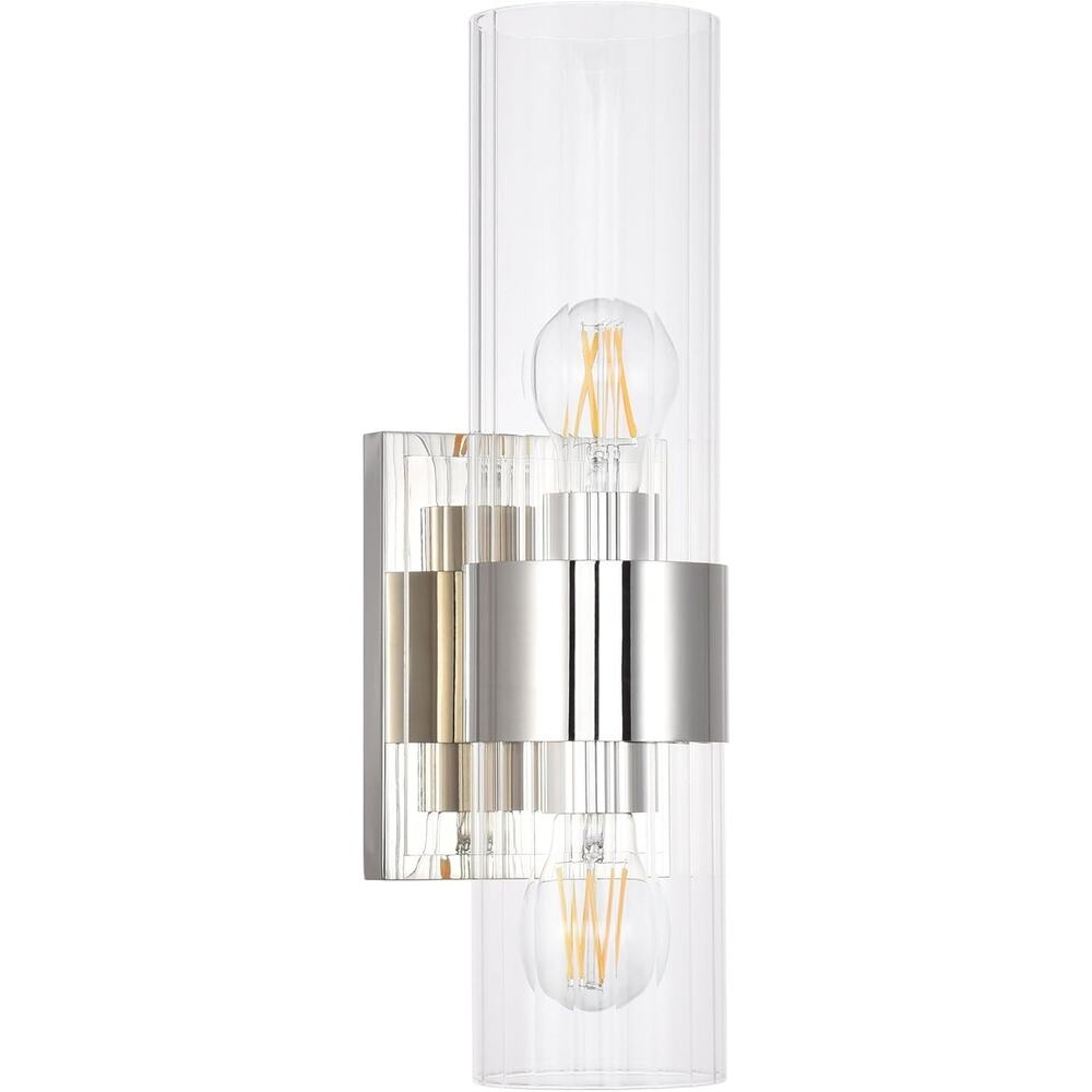 2-Light Polished Nickel Bathroom Vanity Light Clear Ribbed Glass Sconce - Picture 8 of 8